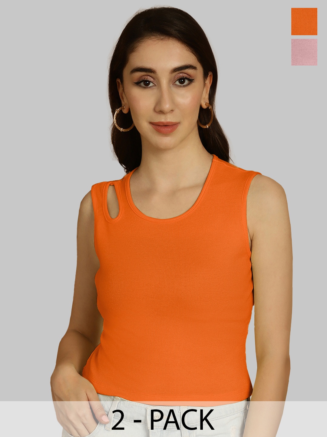 

Friskers Orange & Coral Keyhole Neck Cotton Sleeveless Top