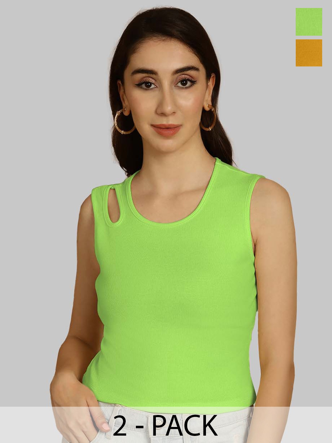 

Friskers Green & Mustard Yellow Keyhole Neck Cotton Sleeveless Top