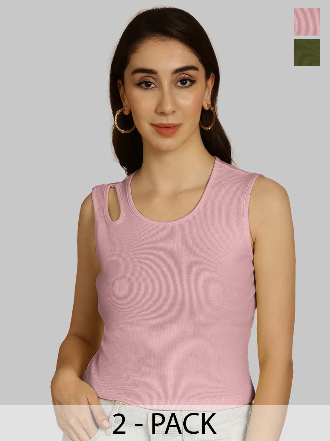 Friskers Coral & Olive Green Keyhole Neck Cotton Sleeveless Top
