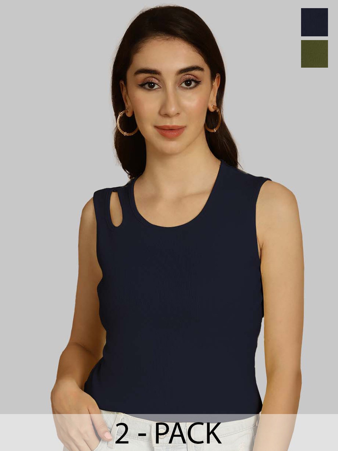 

Friskers Navy Blue & Olive Green Keyhole Neck Cotton Sleeveless Top