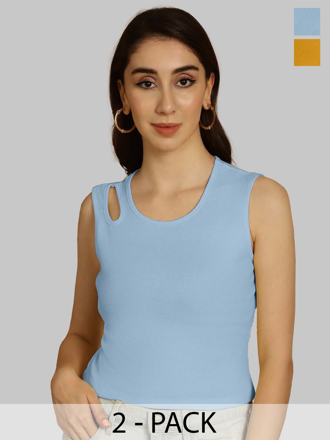 

Friskers Turquoise Blue & Mustard Yellow Keyhole Neck Cotton Sleeveless Top