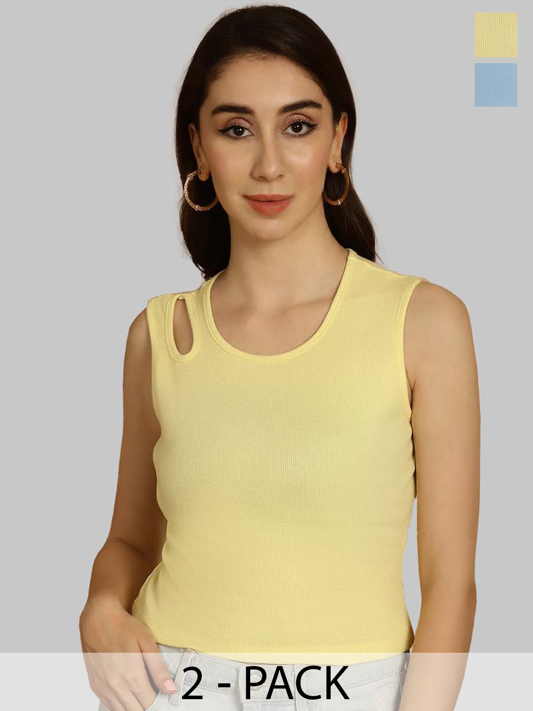 

Friskers Yellow & Turquoise Blue Keyhole Neck Cotton Sleeveless Top