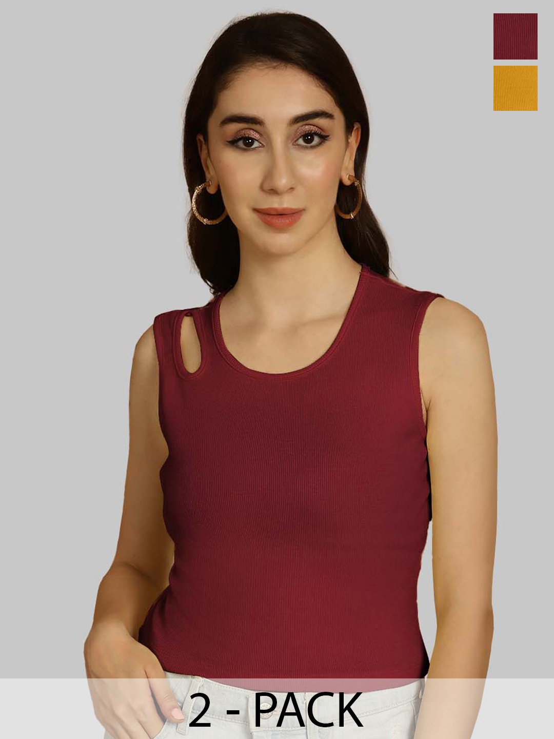 

Friskers Maroon & Mustard Yellow Keyhole Neck Cotton Sleeveless Top