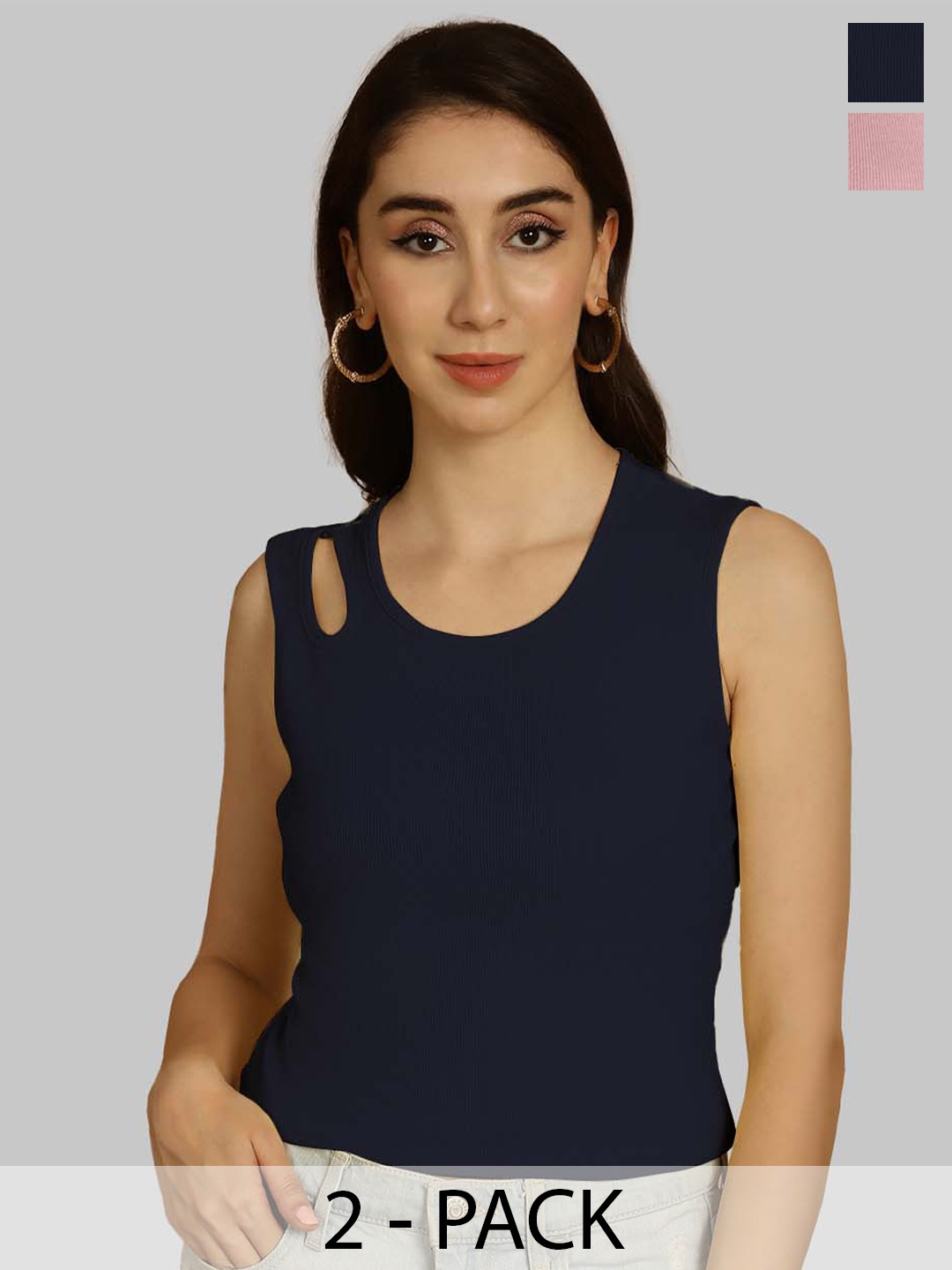 

Friskers Navy Blue & Coral Keyhole Neck Cotton Sleeveless Top