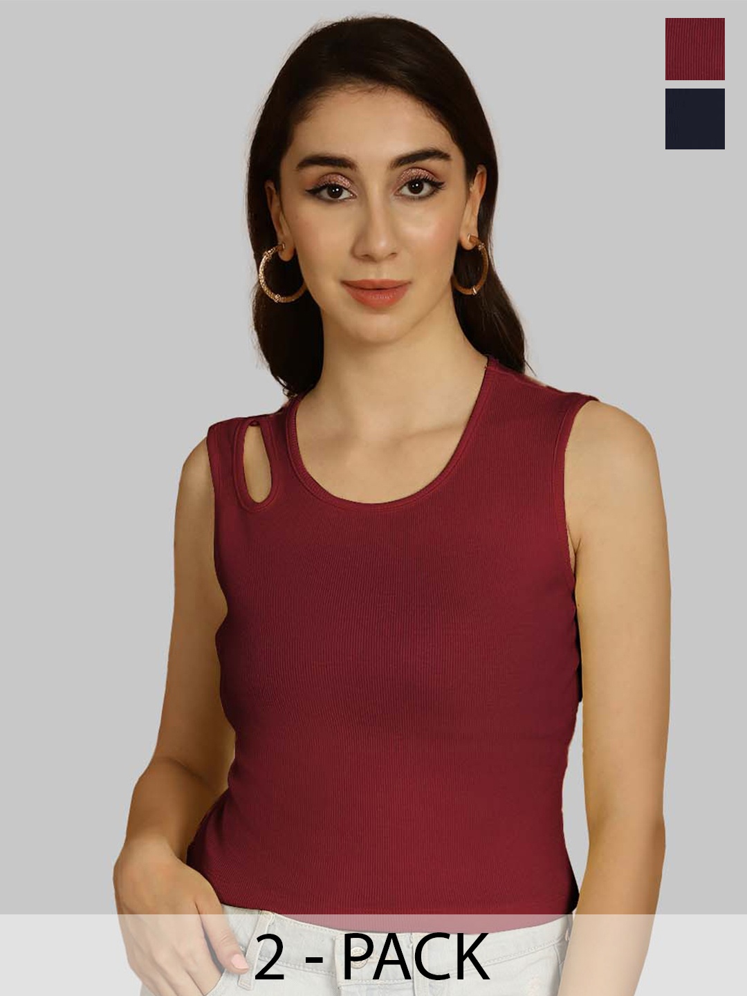 

Friskers Maroon & Navy Blue Keyhole Neck Cotton Sleeveless Top