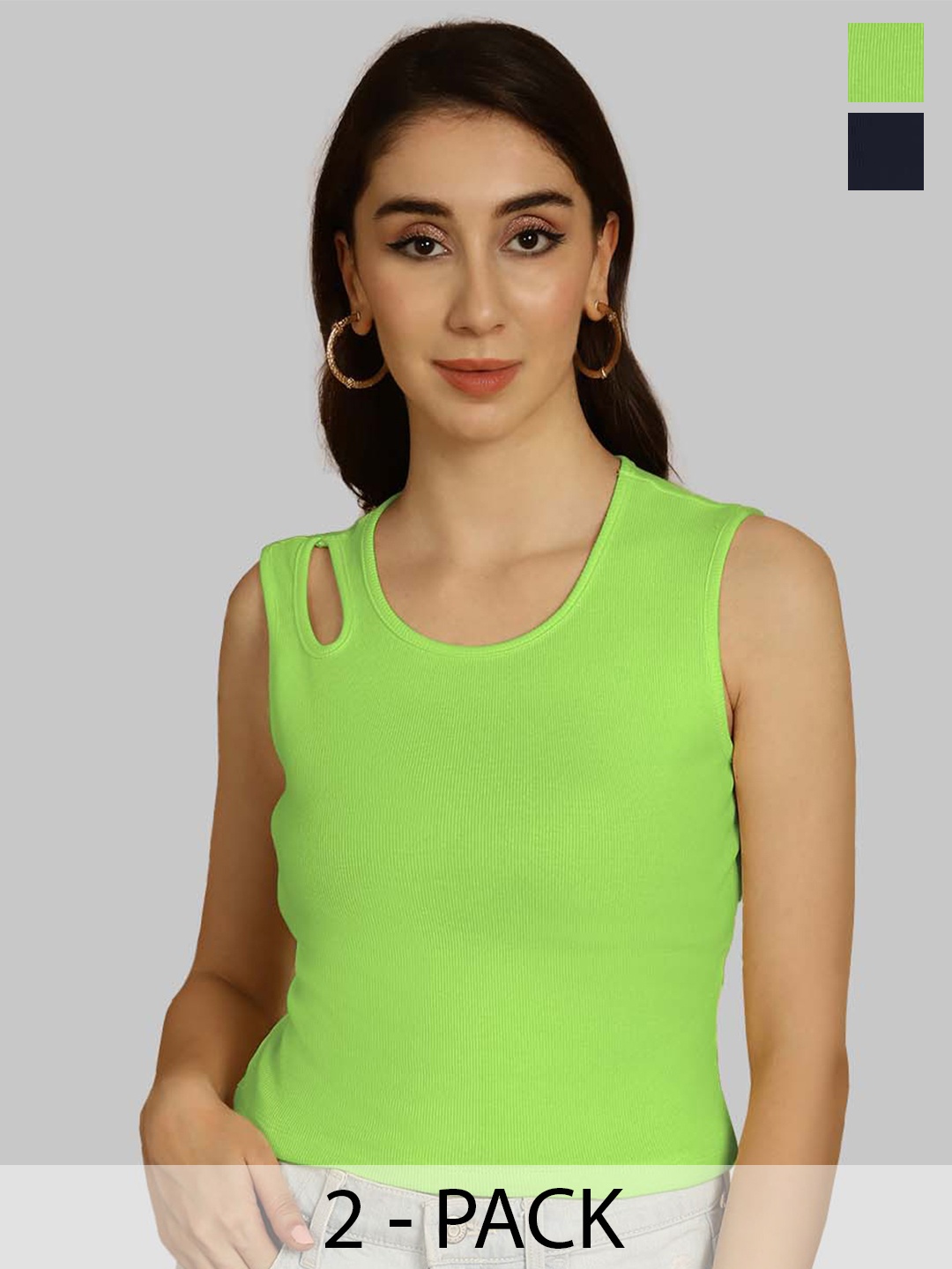 

Friskers Green & Navy Blue Keyhole Neck Cotton Sleeveless Top