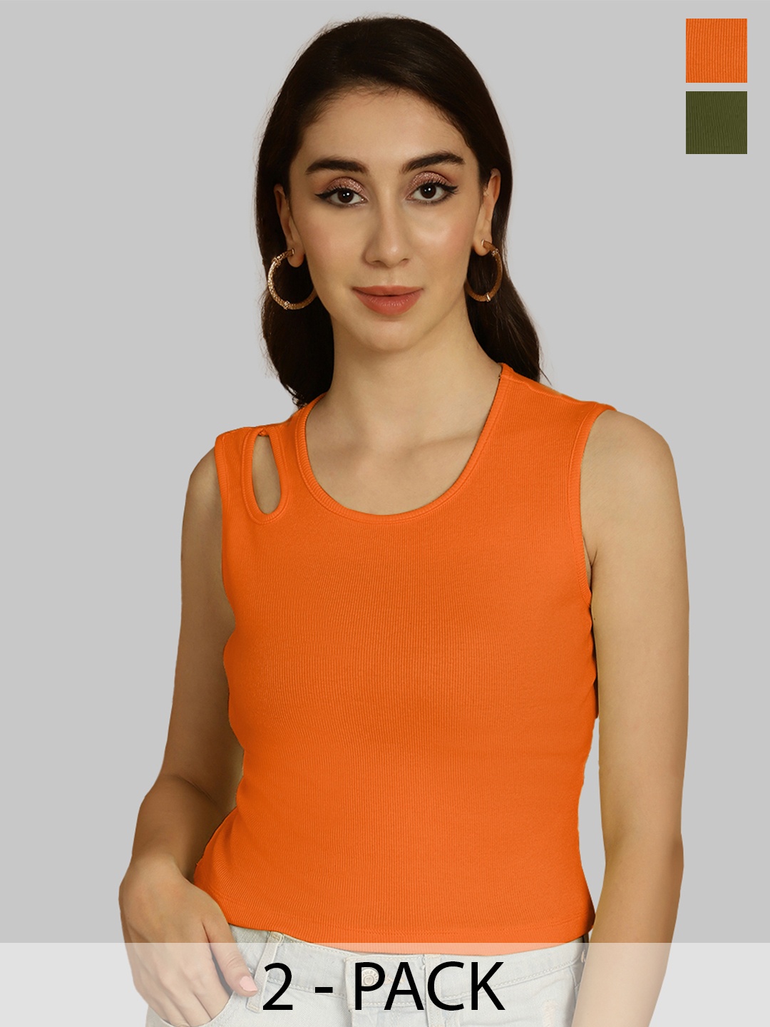 

Friskers Orange & Olive Green Keyhole Neck Cotton Sleeveless Top