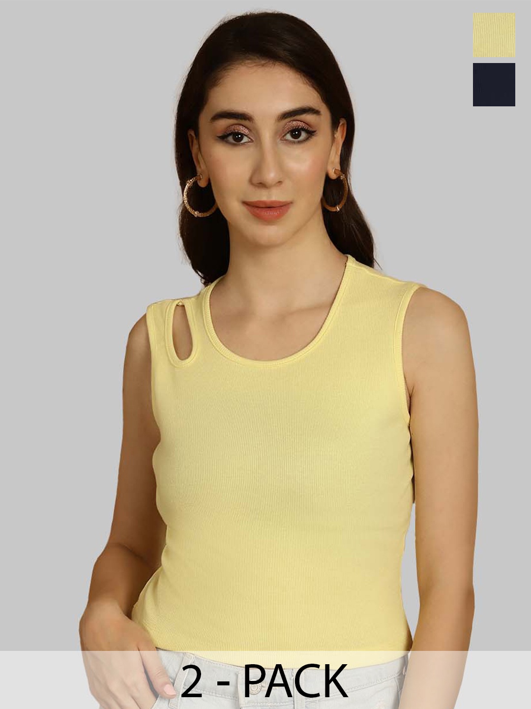 

Friskers Yellow & Navy Blue Keyhole Neck Cotton Sleeveless Top
