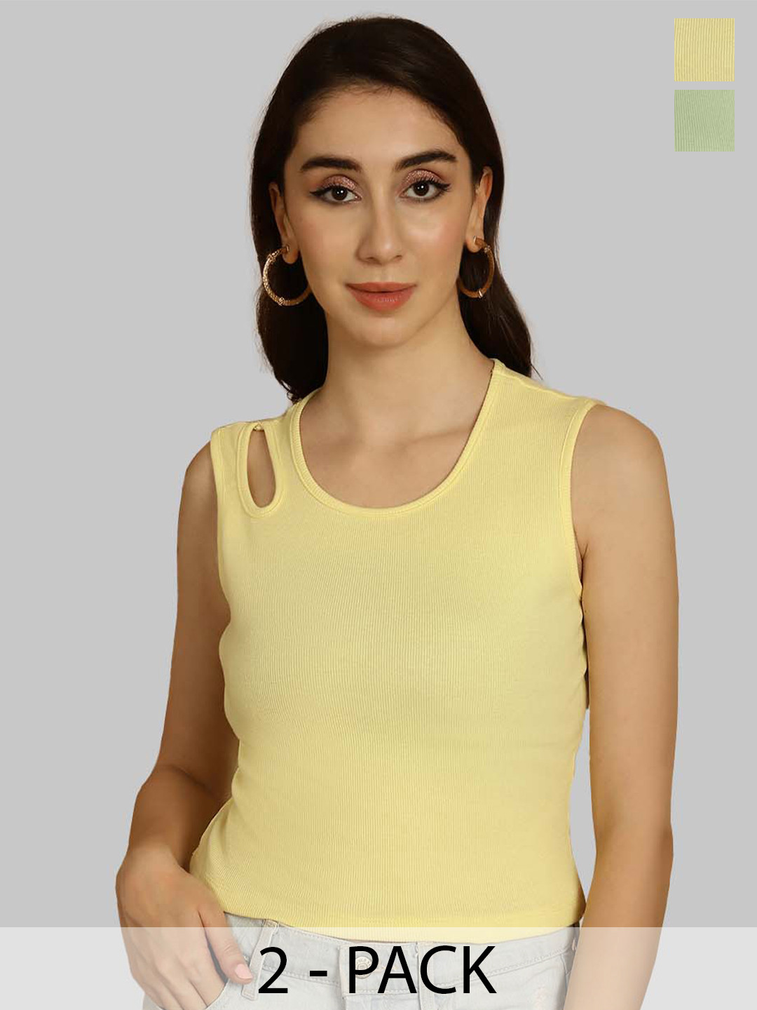 

Friskers Yellow & Sea Green Keyhole Neck Cotton Sleeveless Top