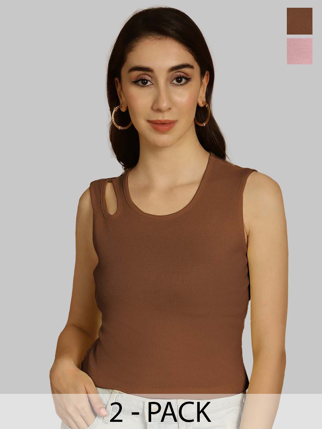 

Friskers Brown & Coral Keyhole Neck Cotton Sleeveless Top