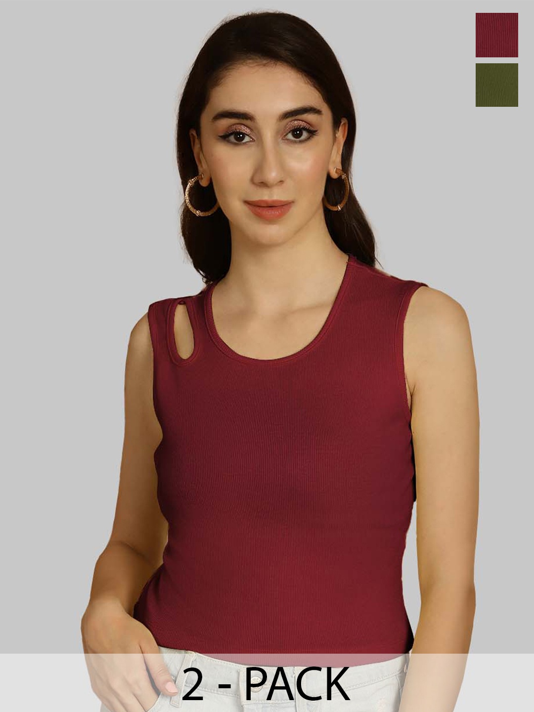 

Friskers Maroon & Olive Green Keyhole Neck Cotton Sleeveless Top
