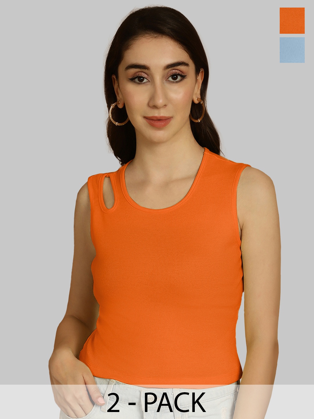 

Friskers Orange & Turquoise Blue Keyhole Neck Cotton Sleeveless Top