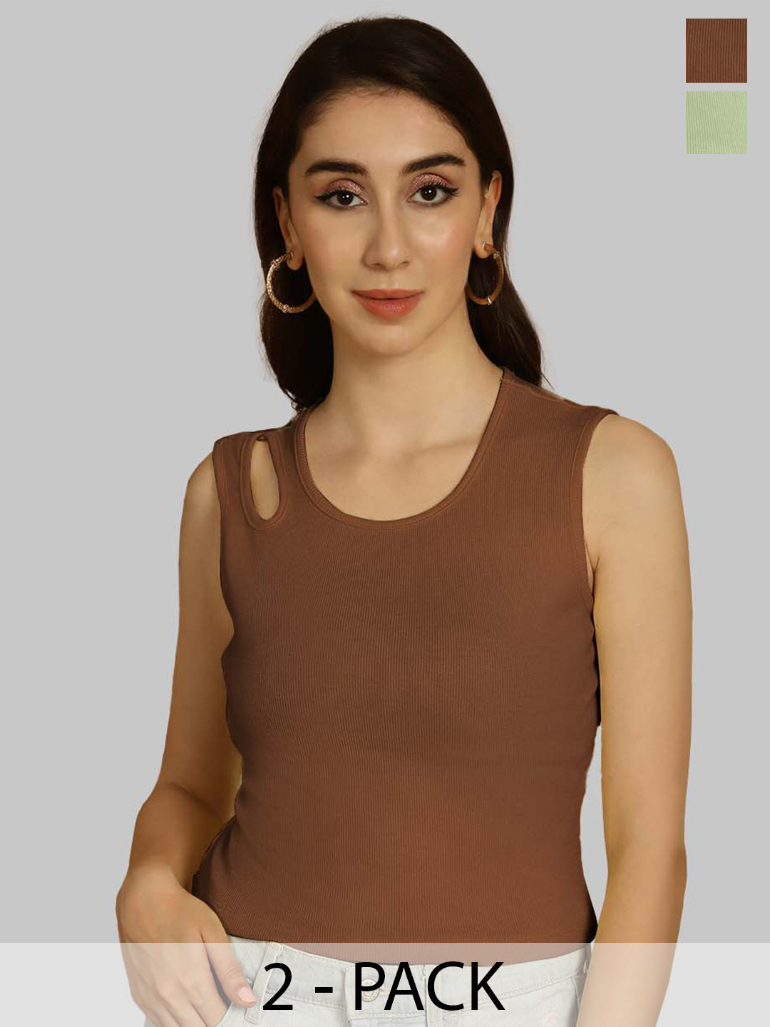 

Friskers Brown & Sea Green Keyhole Neck Cotton Sleeveless Top