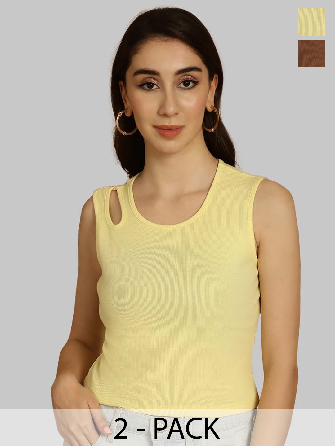 

Friskers Yellow & Brown Keyhole Neck Cotton Sleeveless Top
