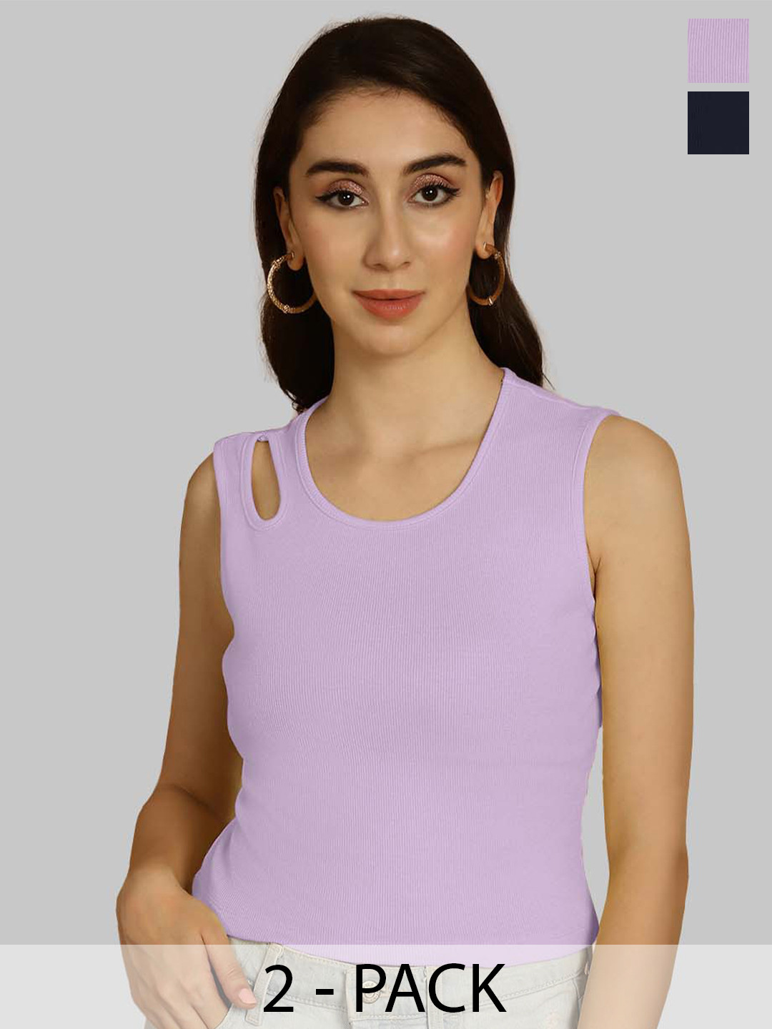 

Friskers Purple & Navy Blue Keyhole Neck Cotton Sleeveless Top