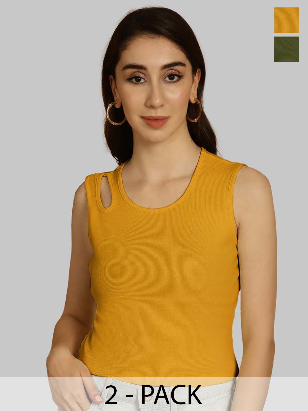 

Friskers Mustard Yellow & Olive Green Keyhole Neck Cotton Sleeveless Top