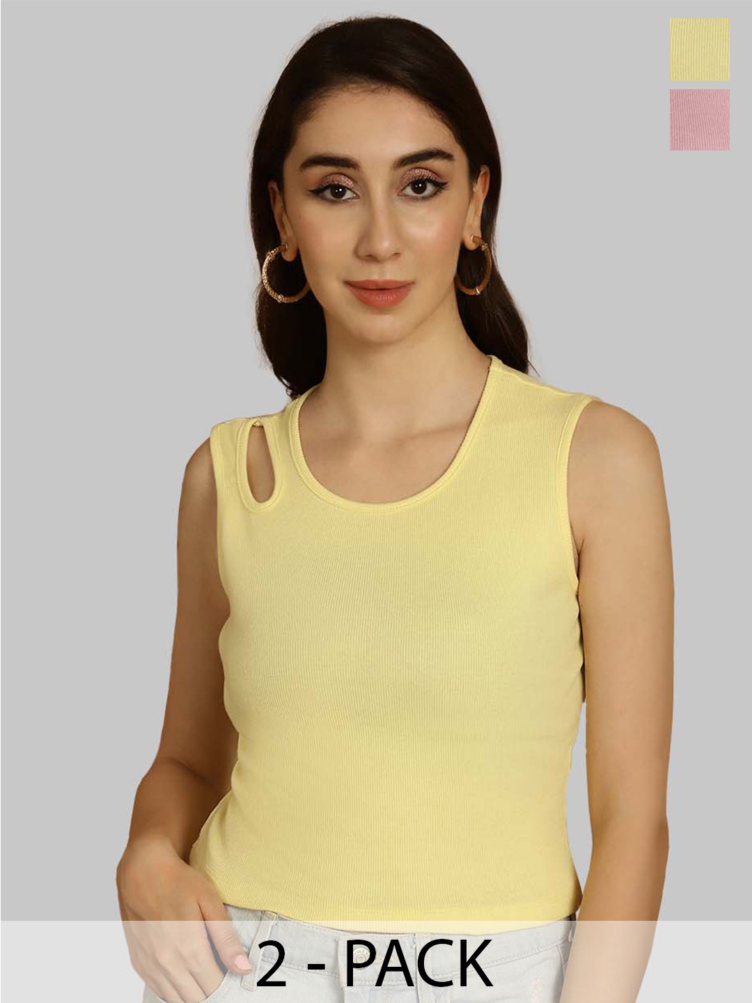 

Friskers Yellow & Coral Keyhole Neck Cotton Sleeveless Top