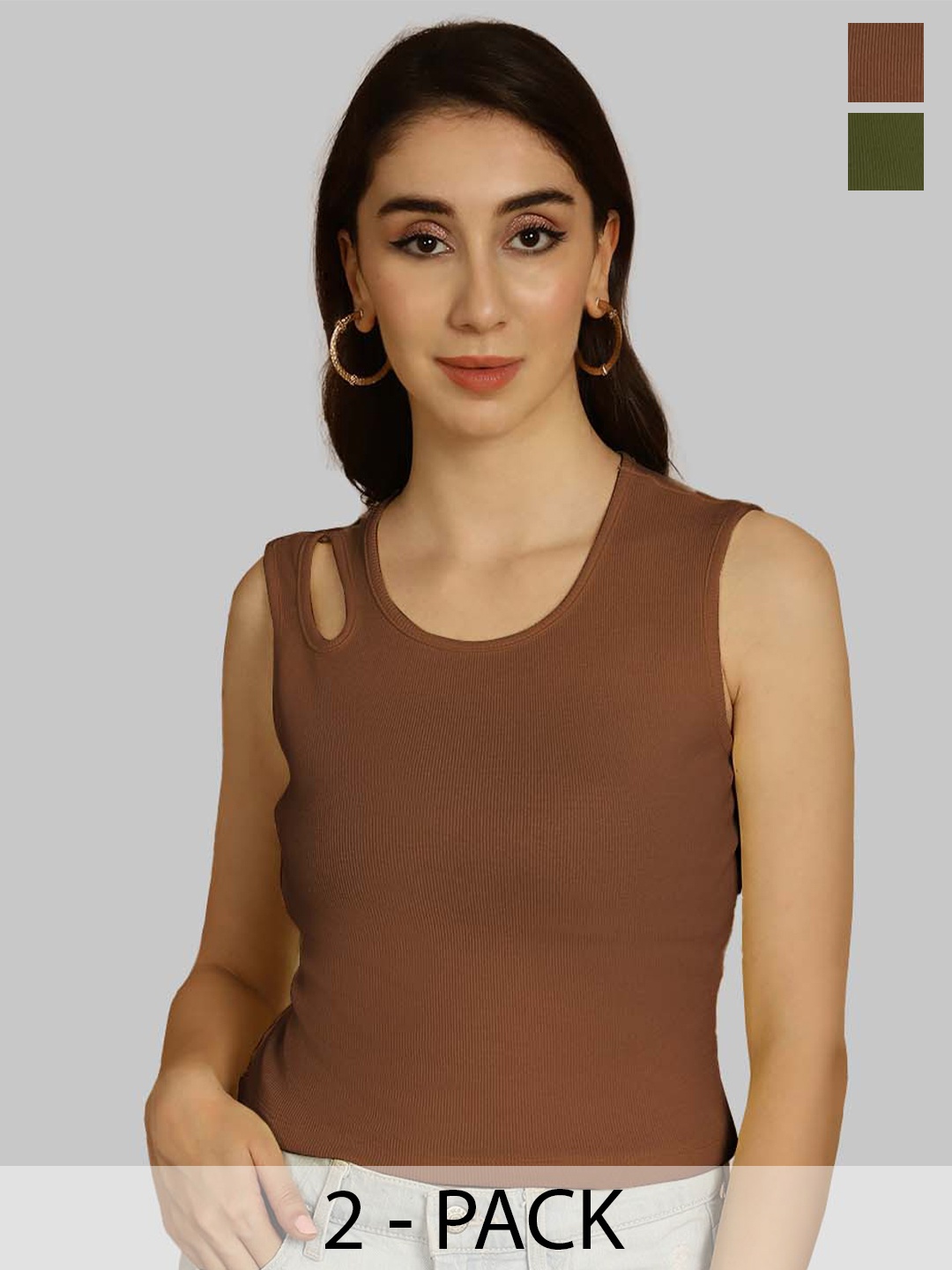 

Friskers Brown & Olive Green Keyhole Neck Cotton Sleeveless Top