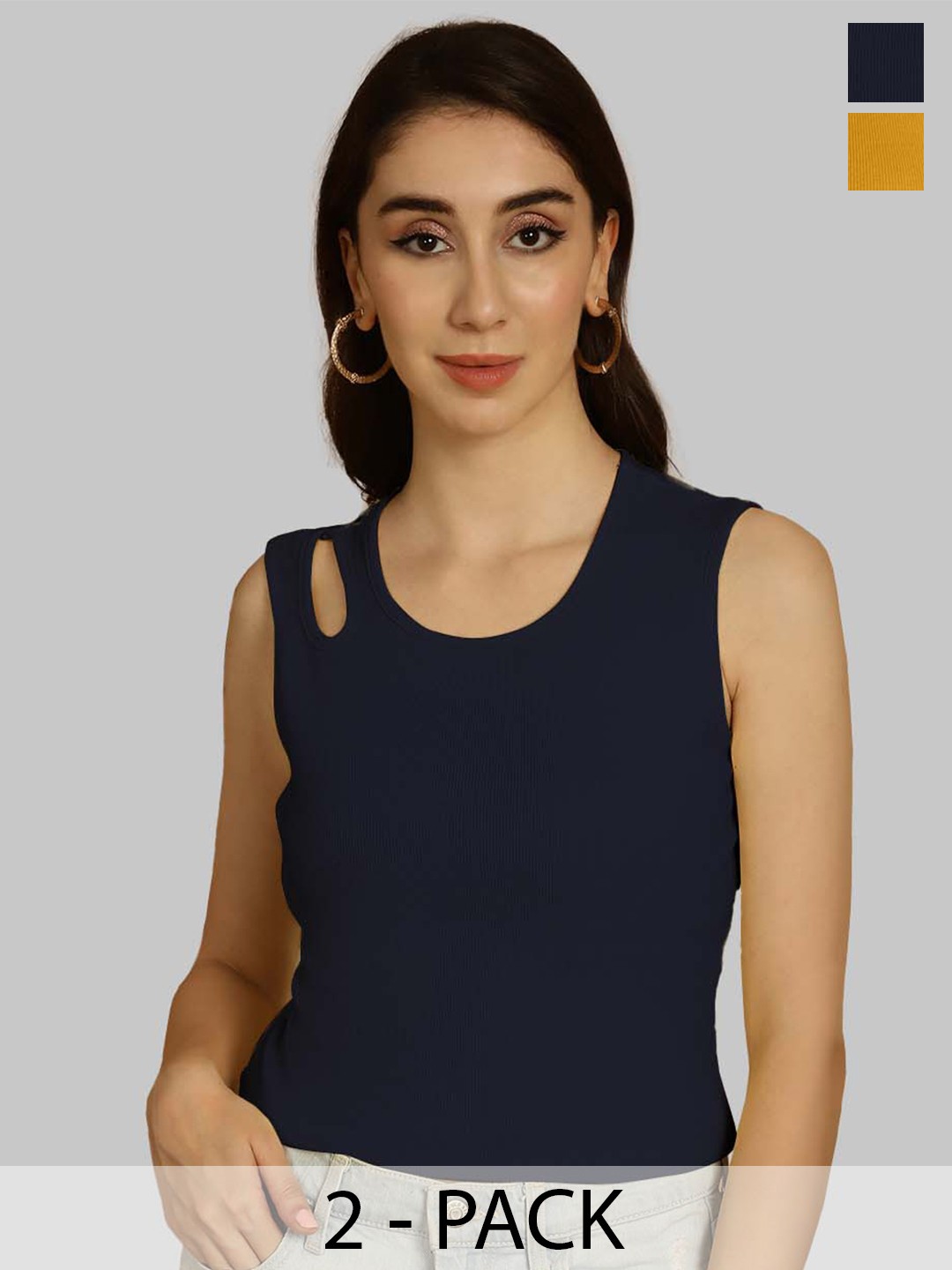 

Friskers Navy Blue & Mustard Yellow Keyhole Neck Cotton Sleeveless Top