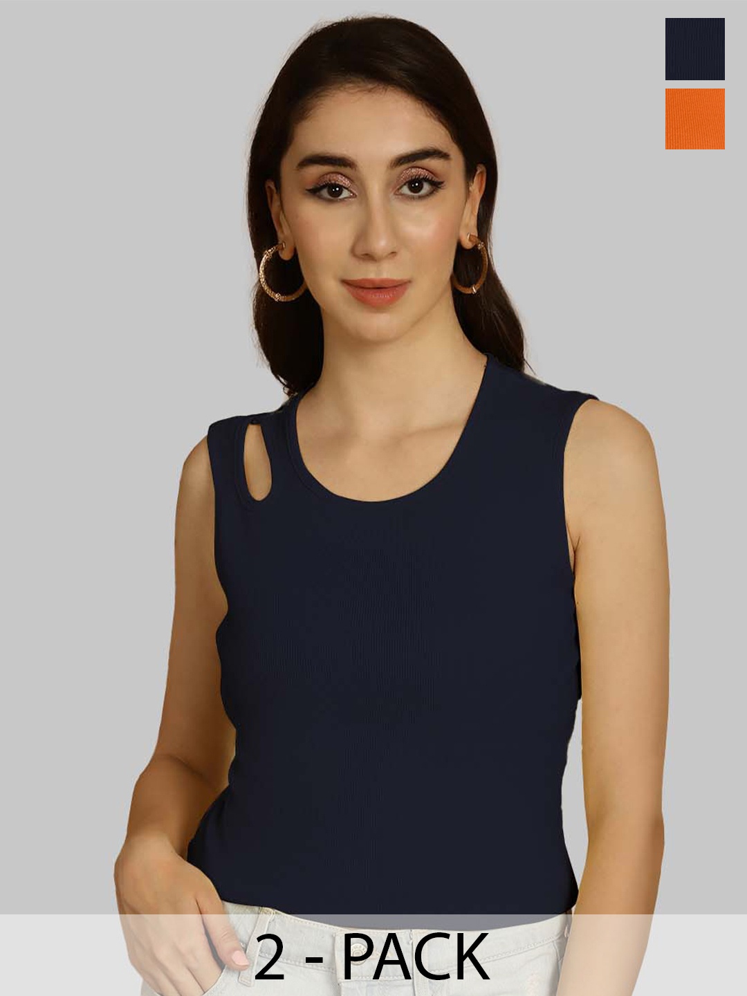 

Friskers Orange & Navy Blue Keyhole Neck Cotton Sleeveless Top