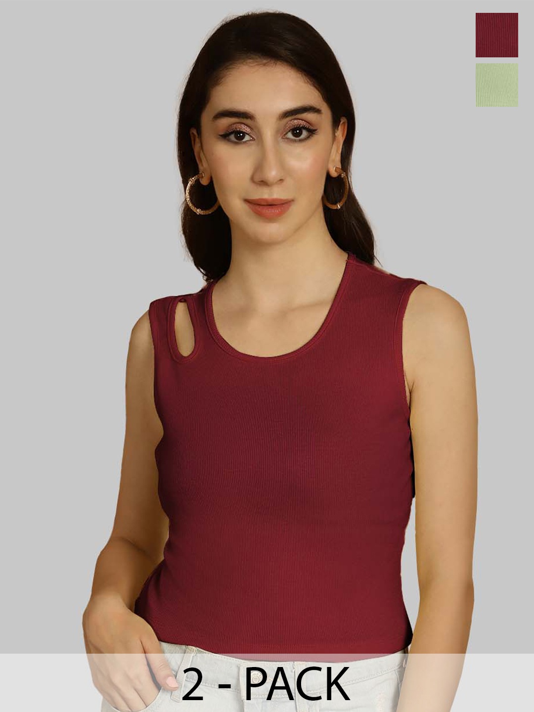 

Friskers Maroon & Sea Green Keyhole Neck Cotton Sleeveless Top