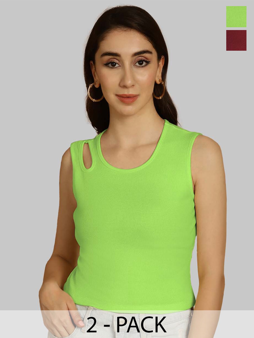 

Friskers Green & Maroon Keyhole Neck Cotton Sleeveless Top