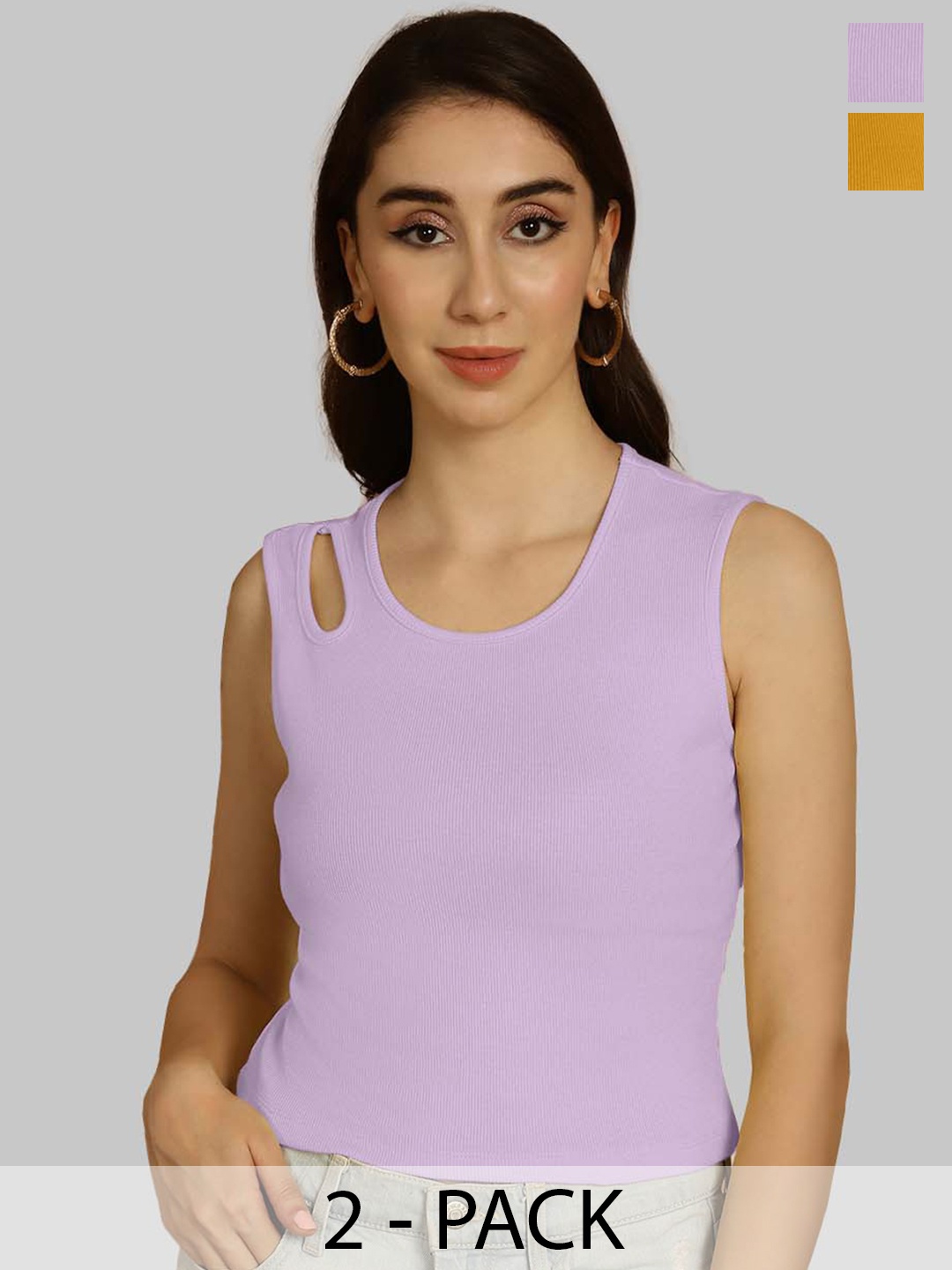 

Friskers Purple & Mustard Yellow Keyhole Neck Cotton Sleeveless Top