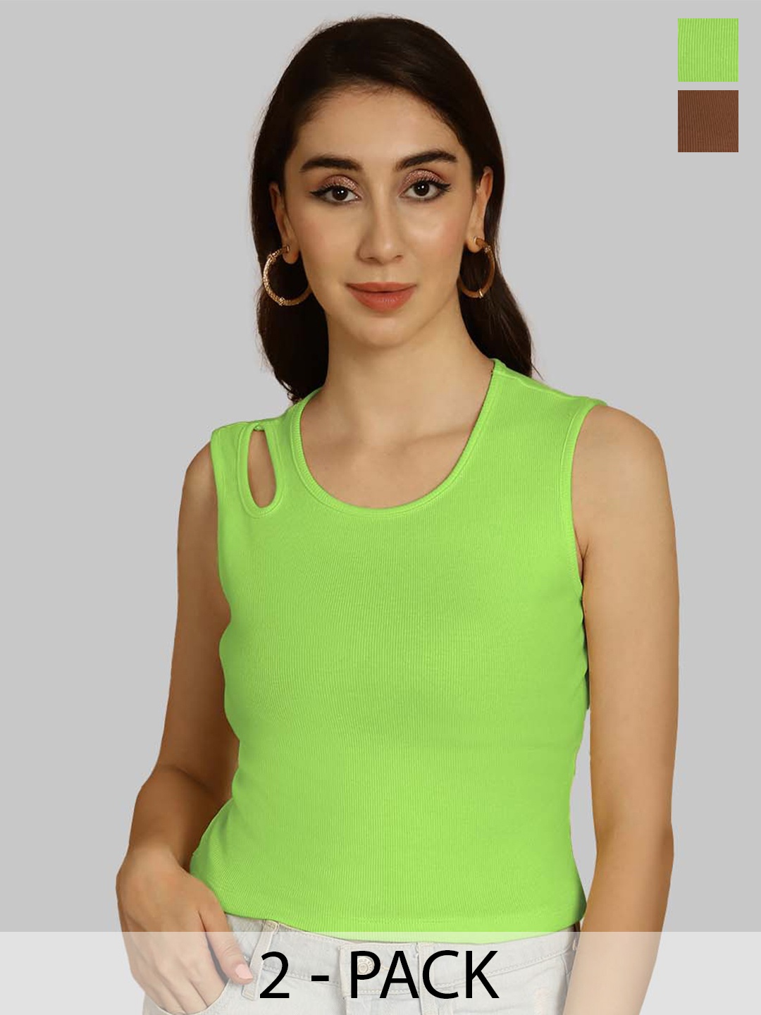 

Friskers Green & Brown Keyhole Neck Cotton Sleeveless Top