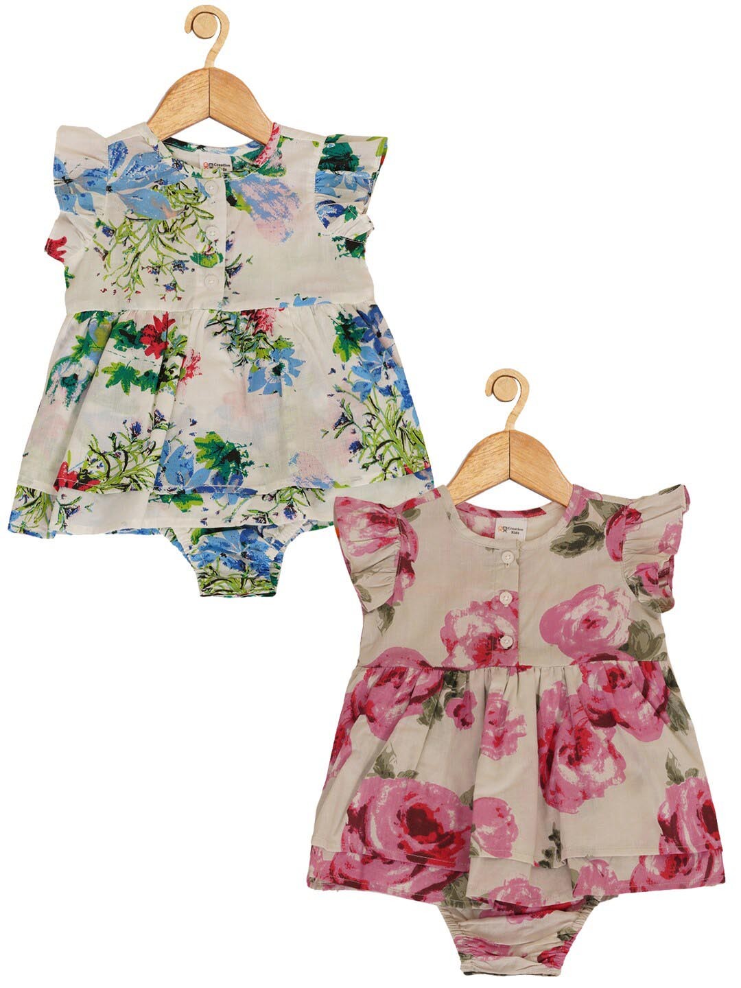 

Creative Kids Infant Girls Pack Of 2 Floral Print Flutter Sleeves Cotton Fit & Flare Dress, Cream