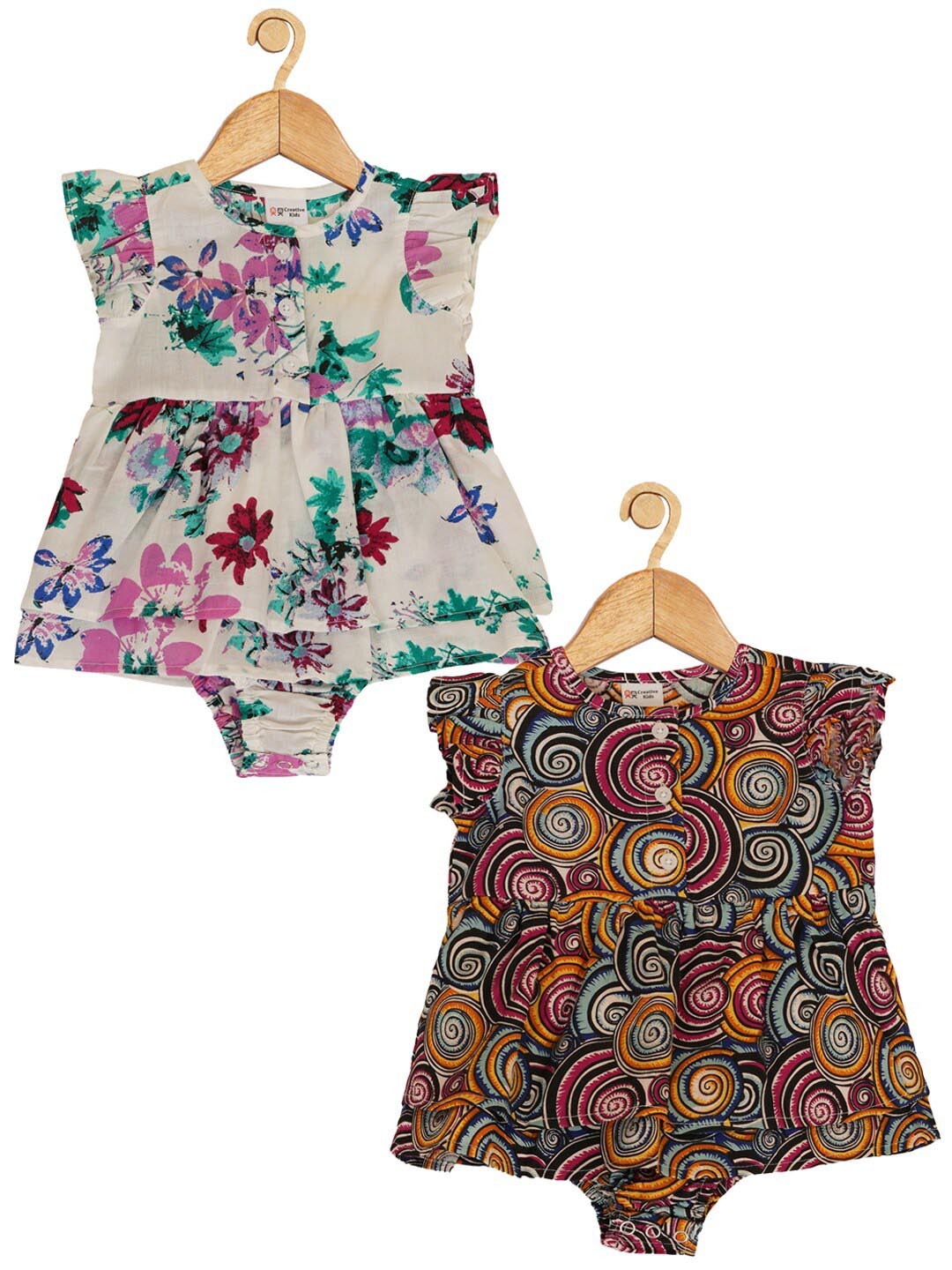 

Creative Kids Infant Girls Pack Of 2 Floral Printed Cotton Fit & Flare Dresses, Cream
