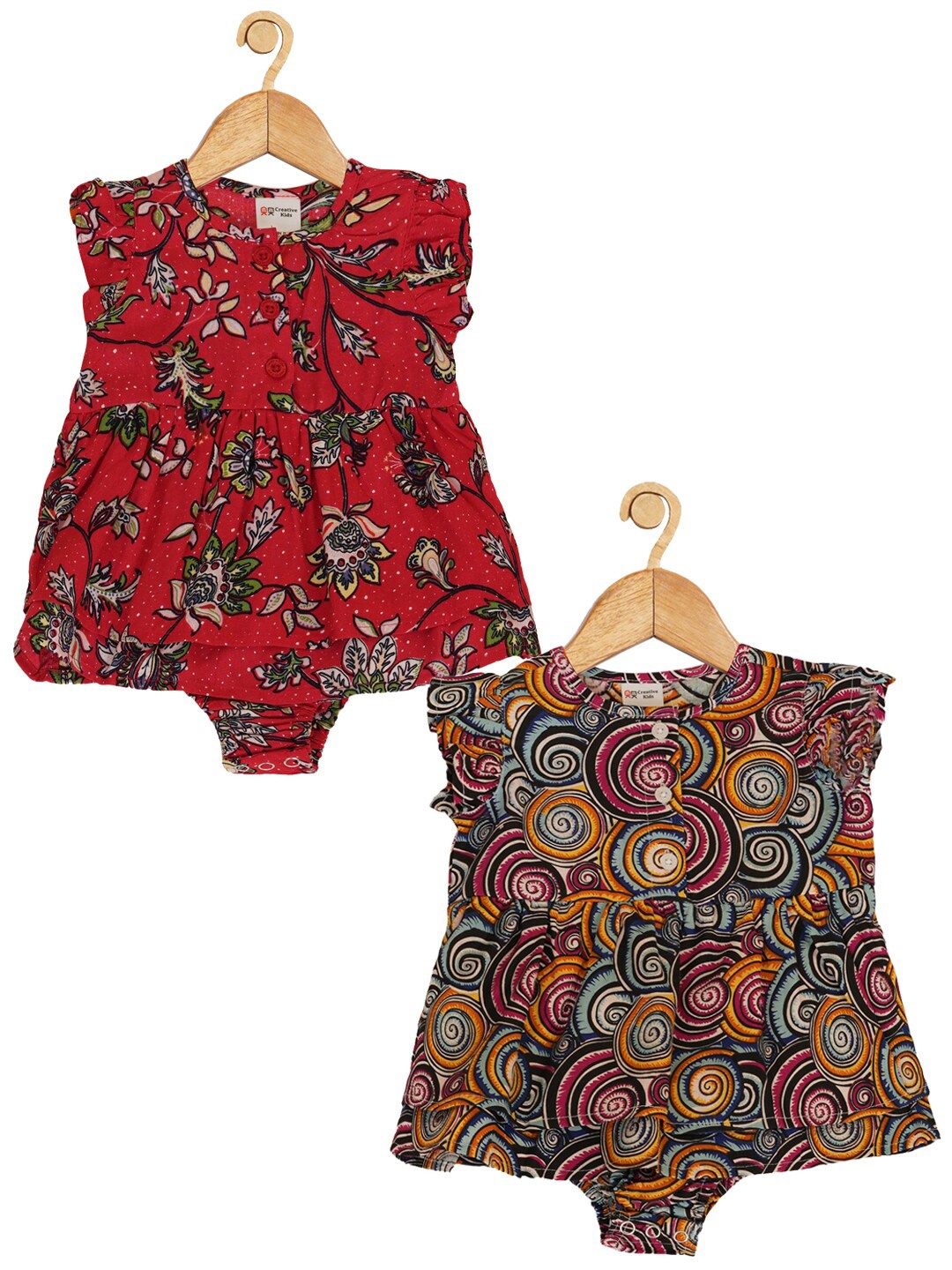 

Creative Kids Girls Set Of 2 Floral Printed Cotton Bodysuit, Red