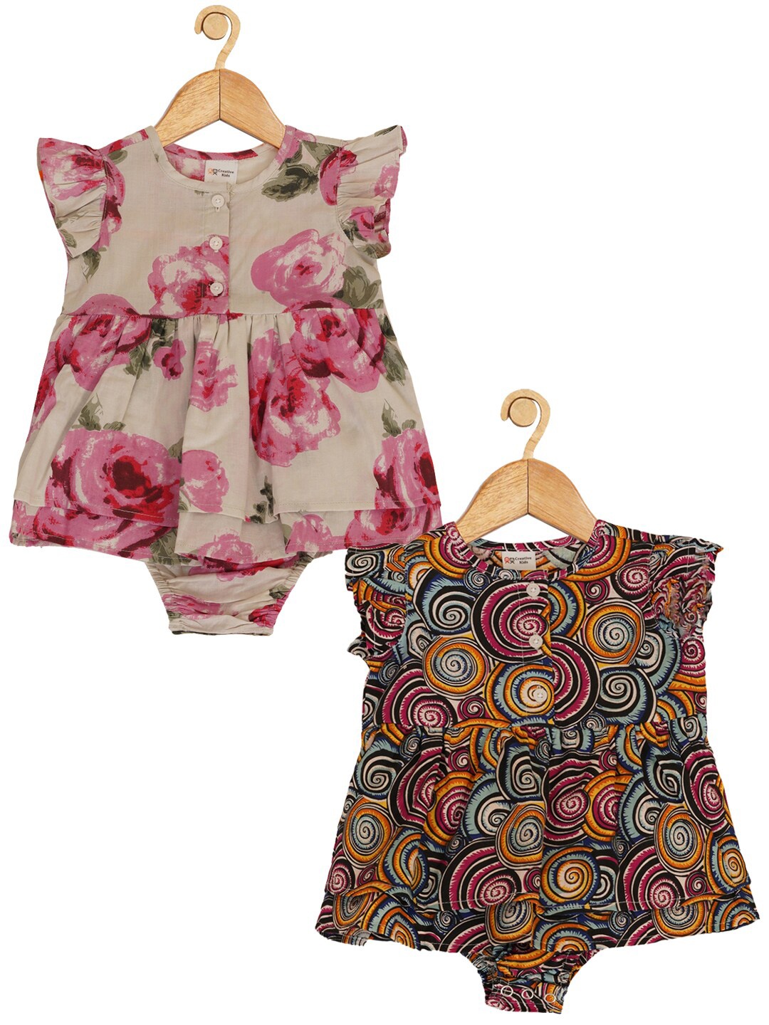 

Creative Kids Infant Girls Pack Of 2 Floral Print Flutter Sleeves Cotton Fit & Flare Dress, Cream