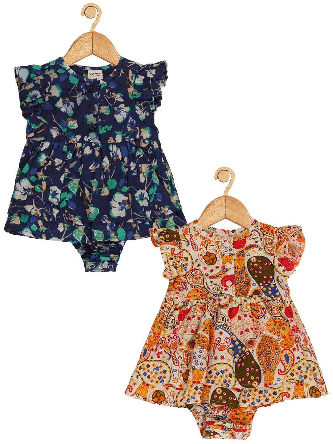 

Creative Kids Girls Pack Of 2 Floral Printed Cotton Bodysuit, Navy blue