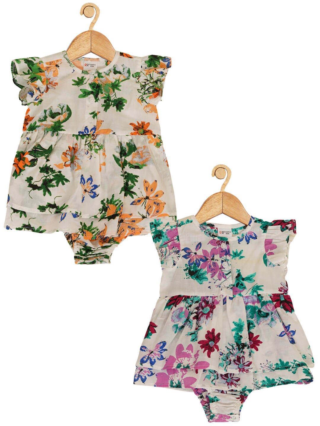 

Creative Kids Infant Girls Pack Of 2 Floral Print Flutter Sleeves Cotton Fit & Flare Dress, Mustard
