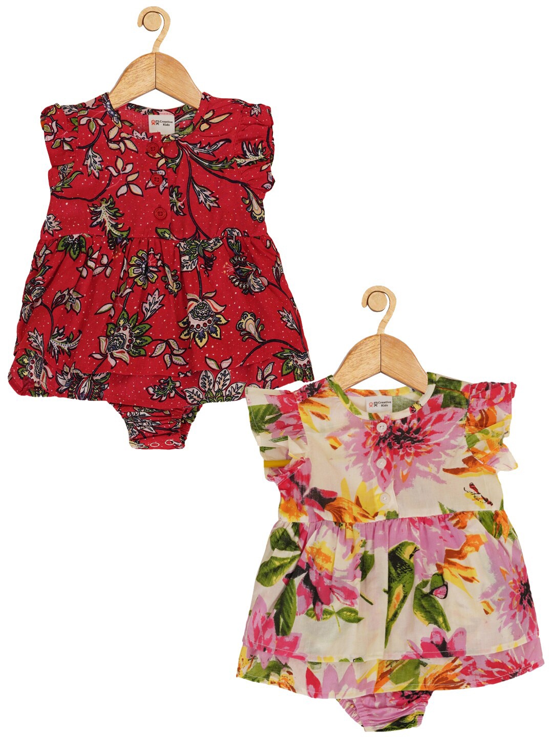

Creative Kids Girls Pack Of 2 Floral Printed Cotton Bodysuit, Red