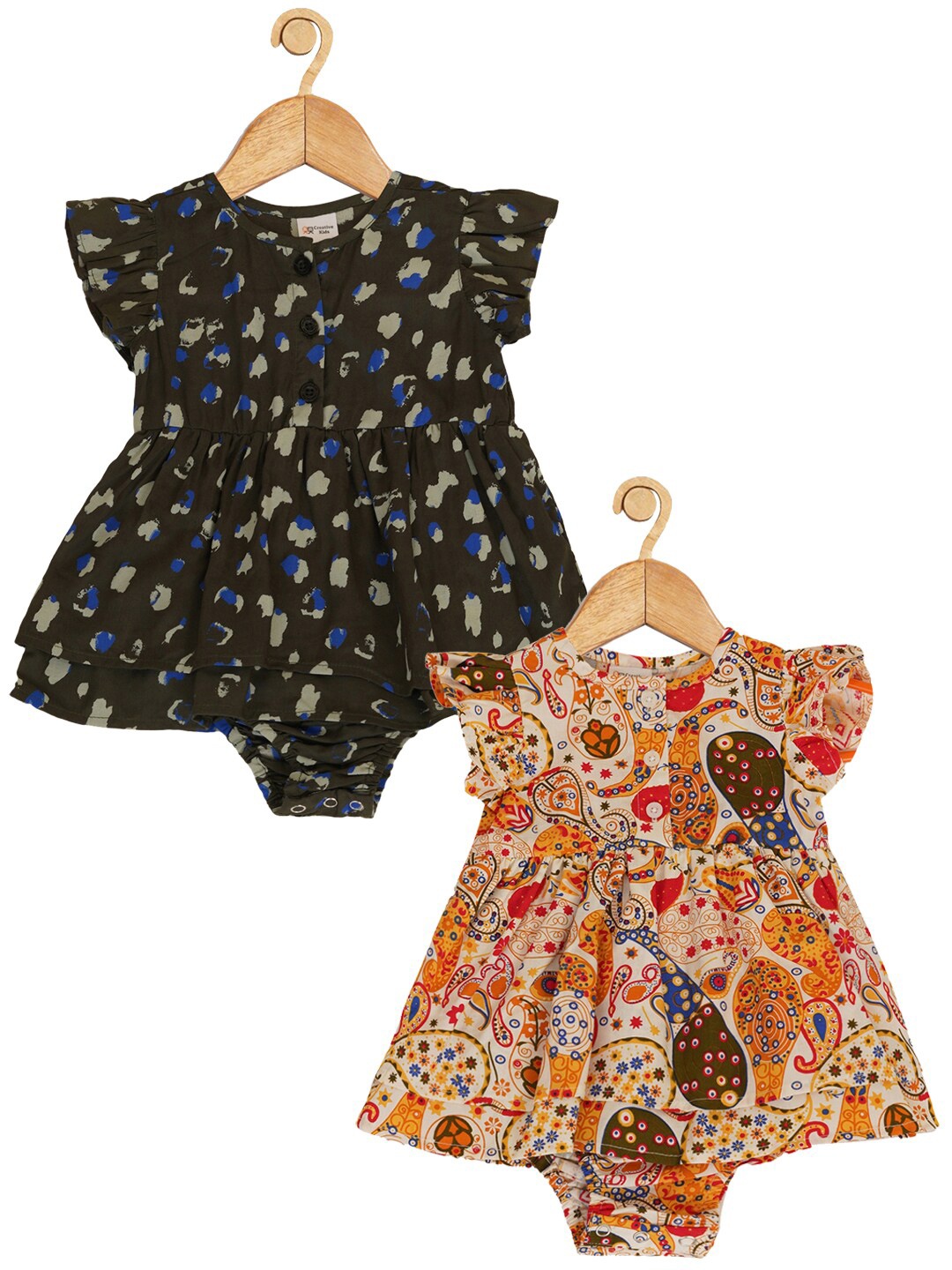 

Creative Kids Infant Girls Pack Of 2 Floral Printed Cotton Fit & Flare Dresses, Olive