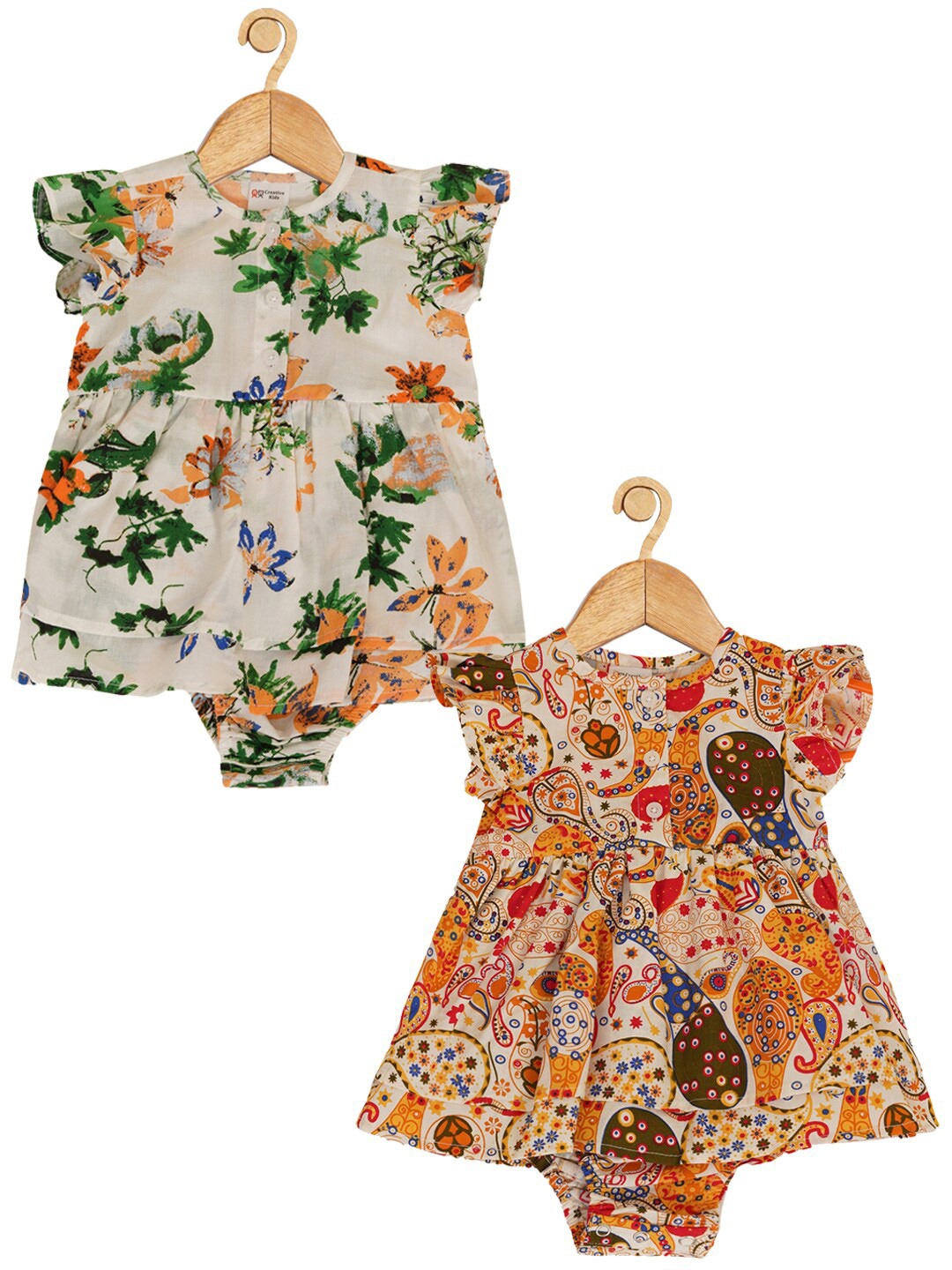 

Creative Kids Infant Girls Pack Of 2 Floral Print Flutter Sleeves Cotton Fit & Flare Dress, Mustard