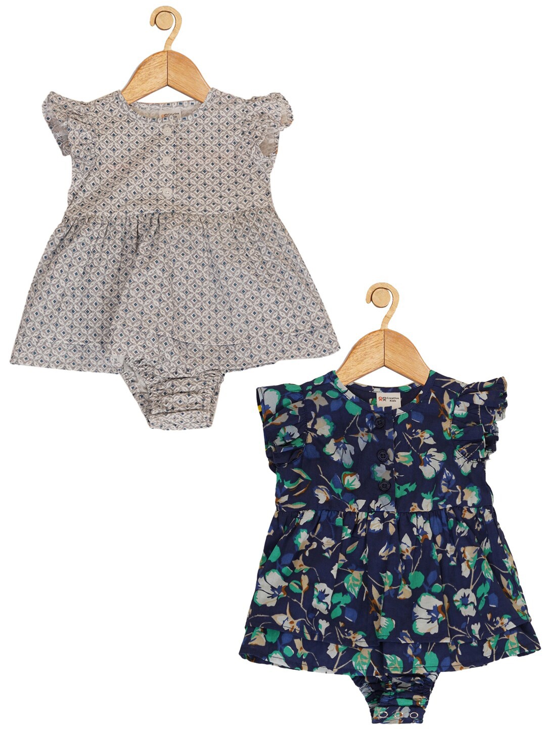 

Creative Kids Infant Girls Pack Of 2 Floral Printed Cotton A-line Dress, Navy blue