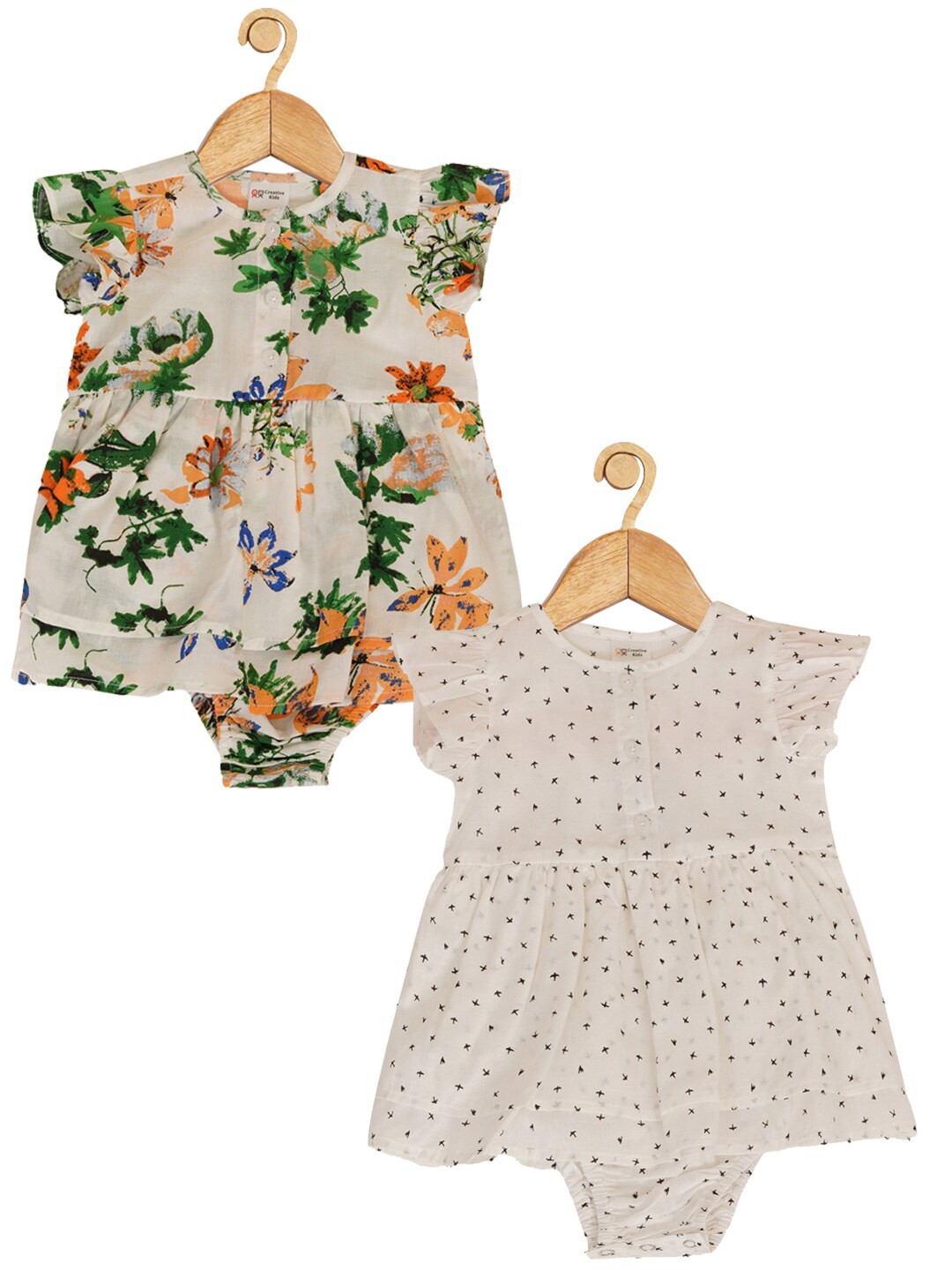 

Creative Kids Infant Girls Pack Of 2 Floral Printed Cotton A-line Dress, Cream