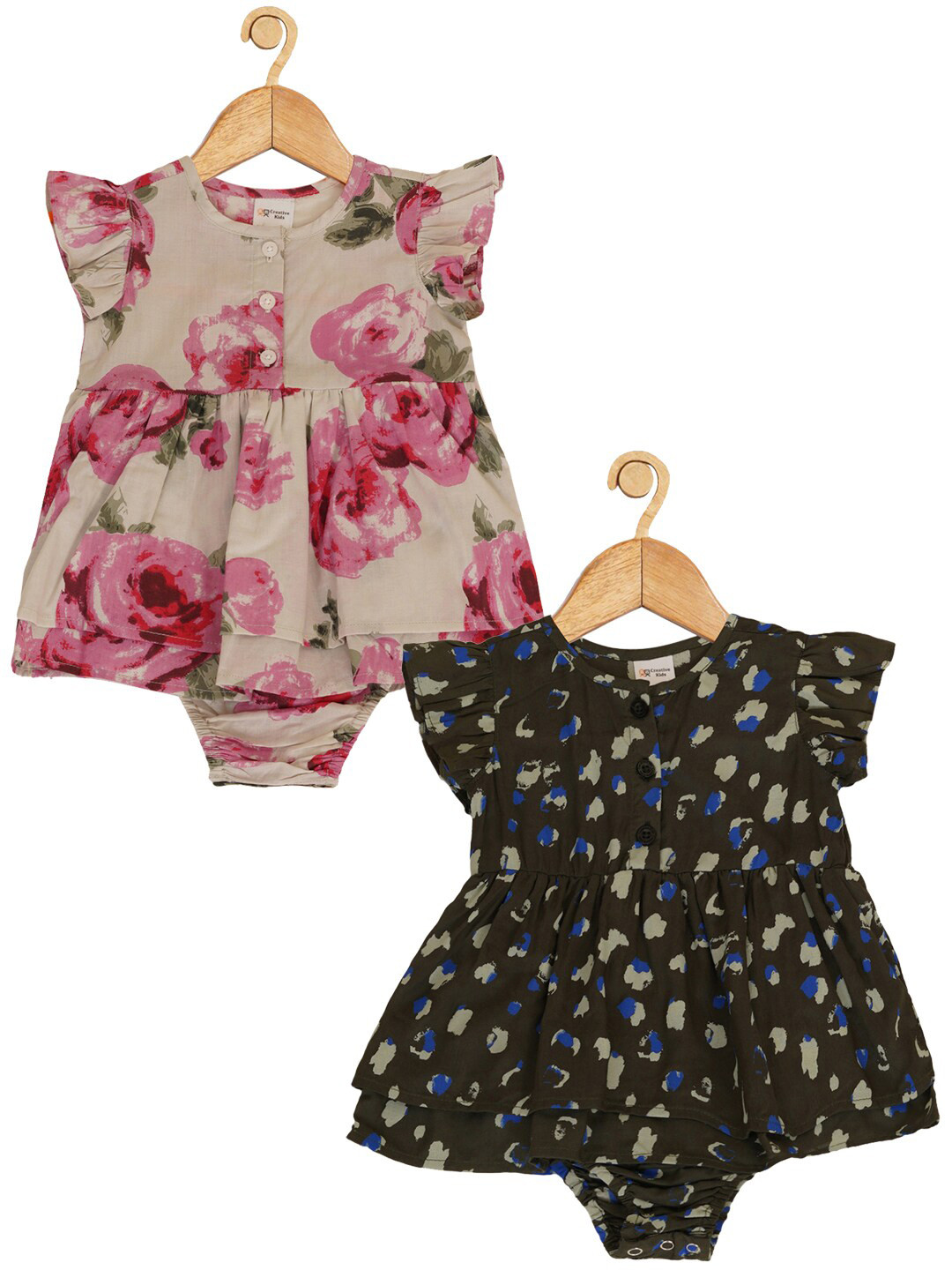 

Creative Kids Infant Girls Pack Of 2 Floral Printed Cotton A-line Dress, Pink