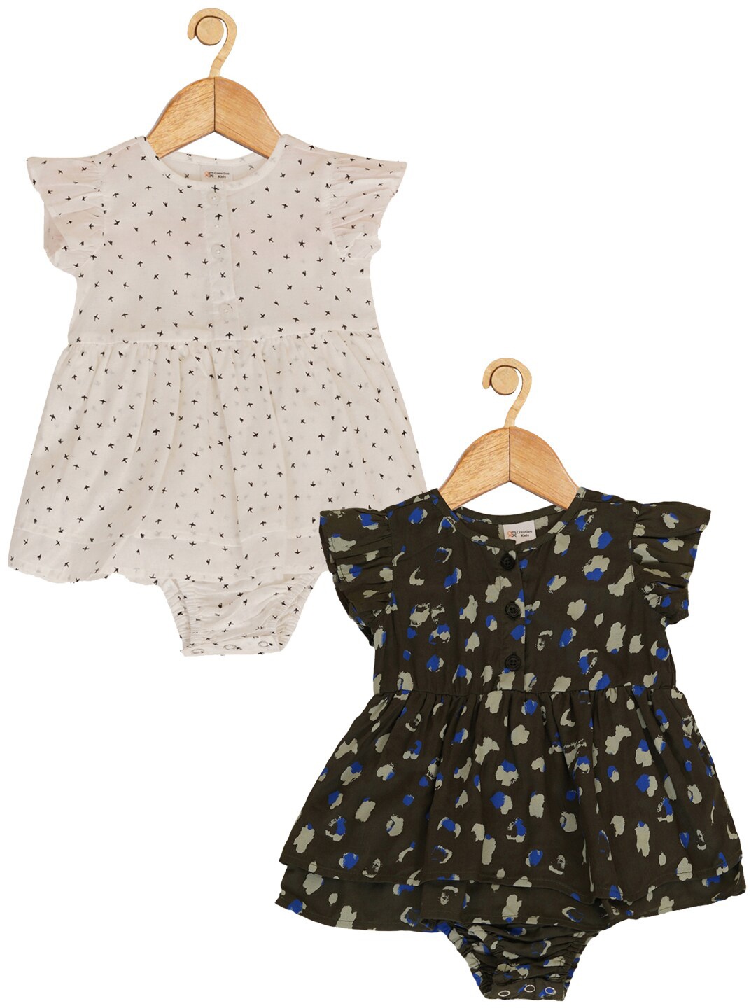

Creative Kids Girls Set Of 2 Floral Printed Cotton Bodysuit, White