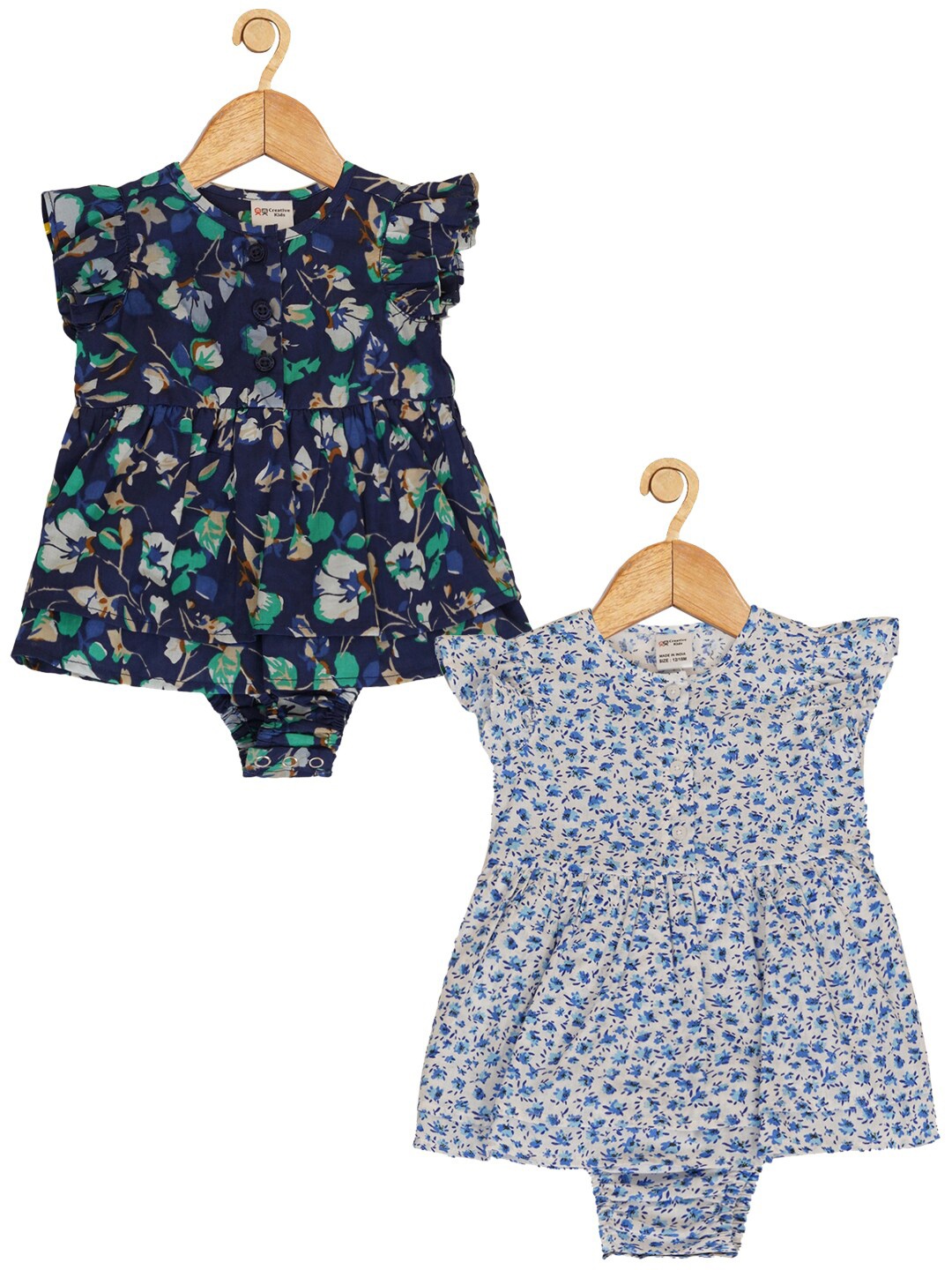 

Creative Kids Infant Girls Pack Of 2 Floral Printed Cotton Fit & Flare Dresses, Navy blue