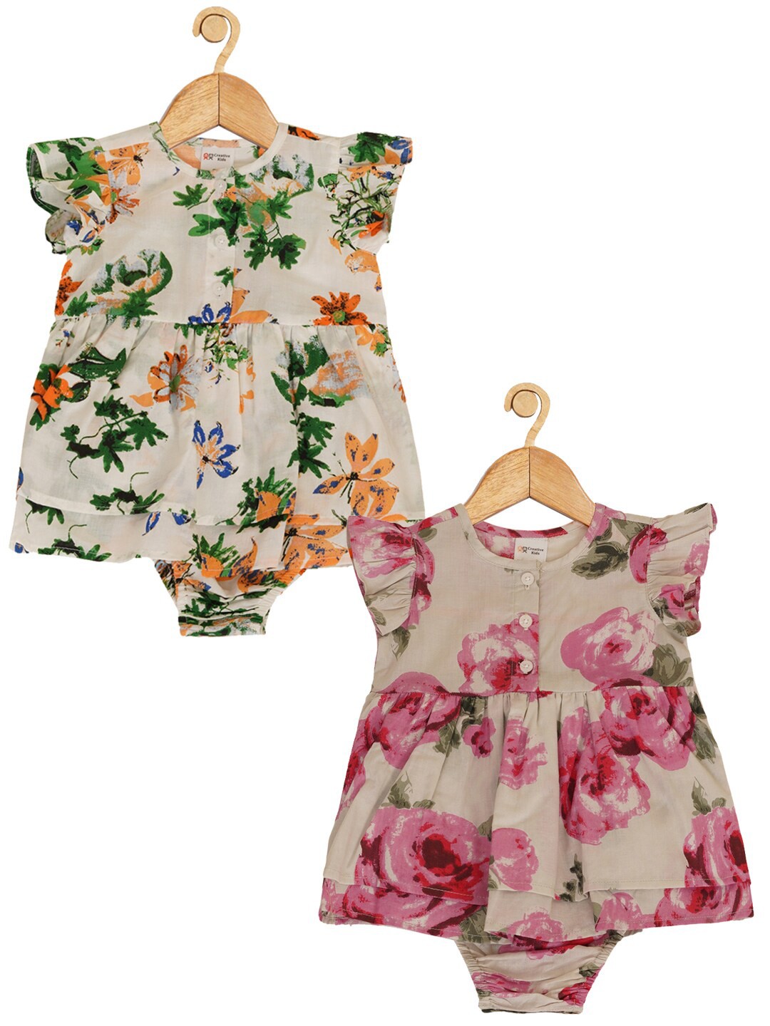 

Creative Kids Infant Girls Pack Of 2 Floral Print Flutter Sleeves Cotton Fit & Flare Dress, Cream