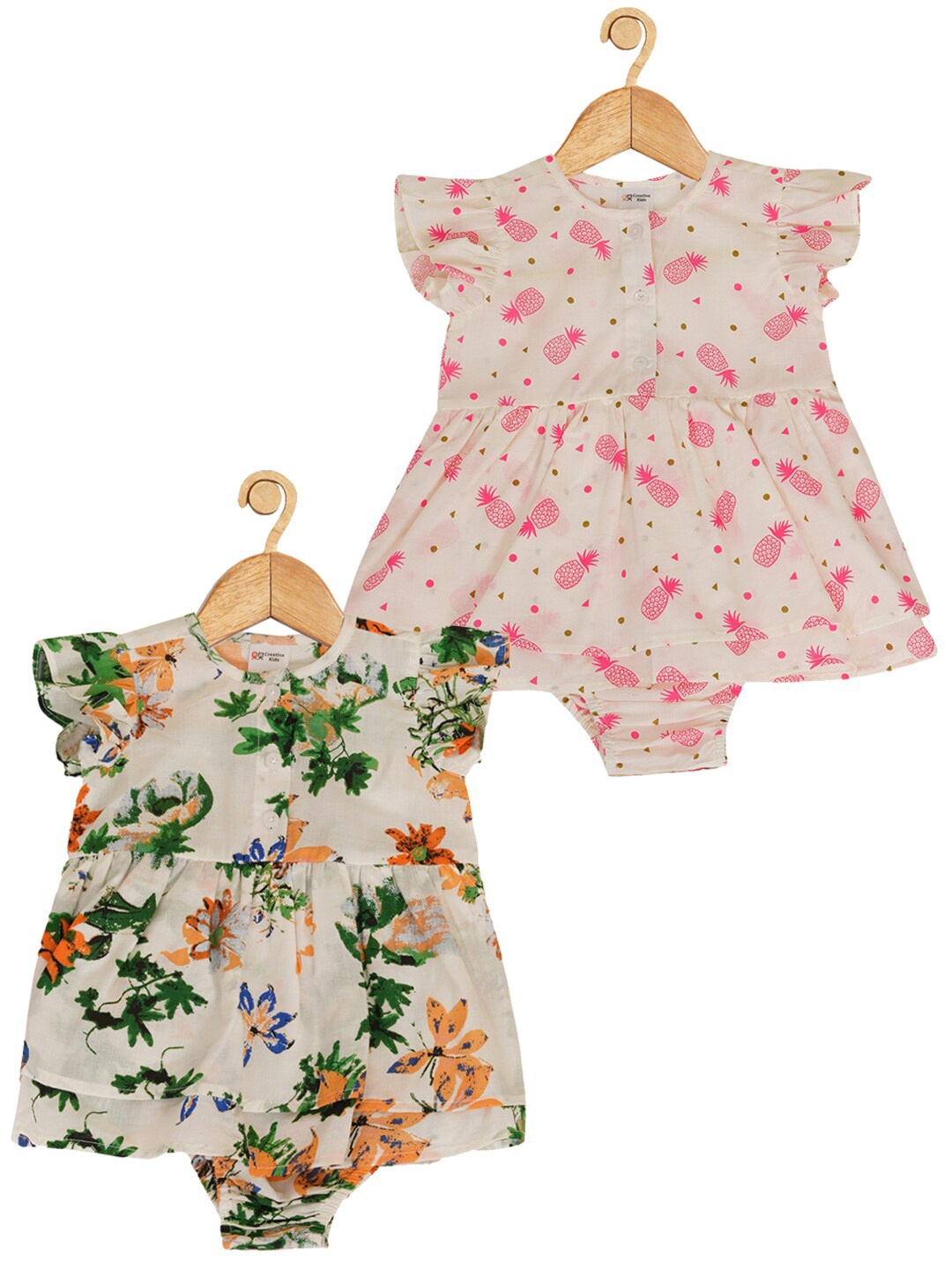 

Creative Kids Infant Girls Pack Of 2 Printed Cotton Bodysuits, Mustard