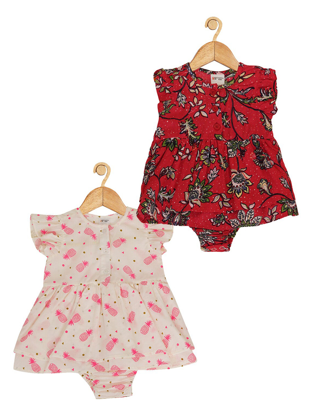 

Creative Kids Infant Girls Pack Of 2 Floral Print Flutter Sleeves Cotton Fit & Flare Dress, Red