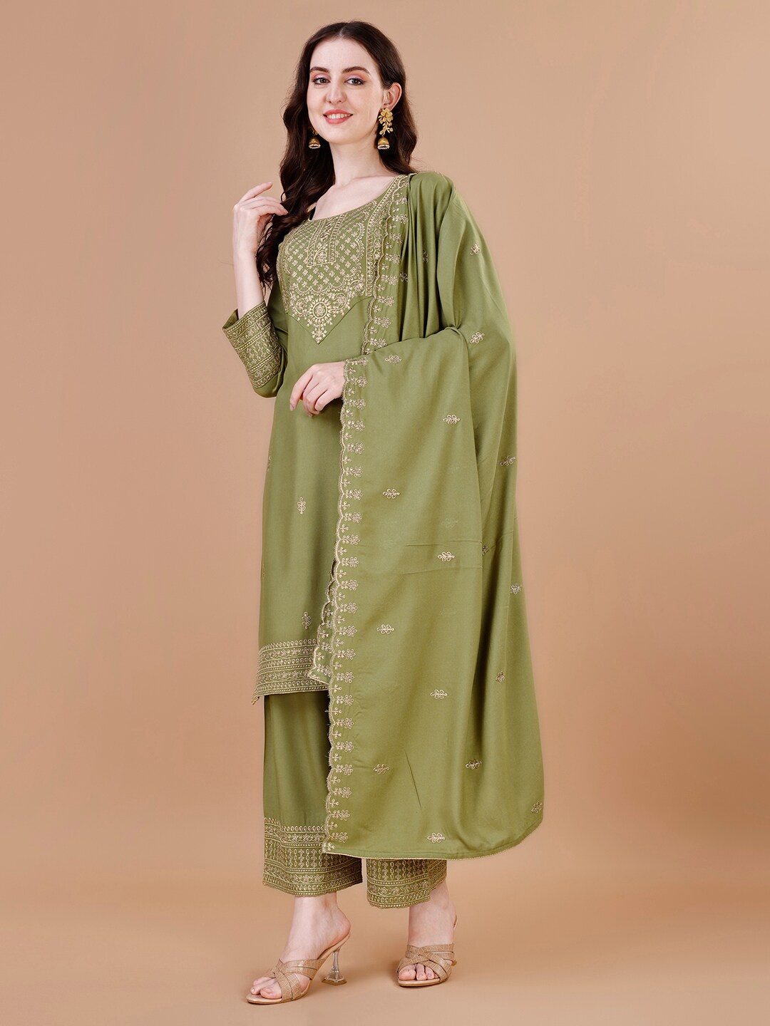 

KALINI Ethnic Motifs Embroidered Regular Kurta with Trousers & Dupatta, Fluorescent green