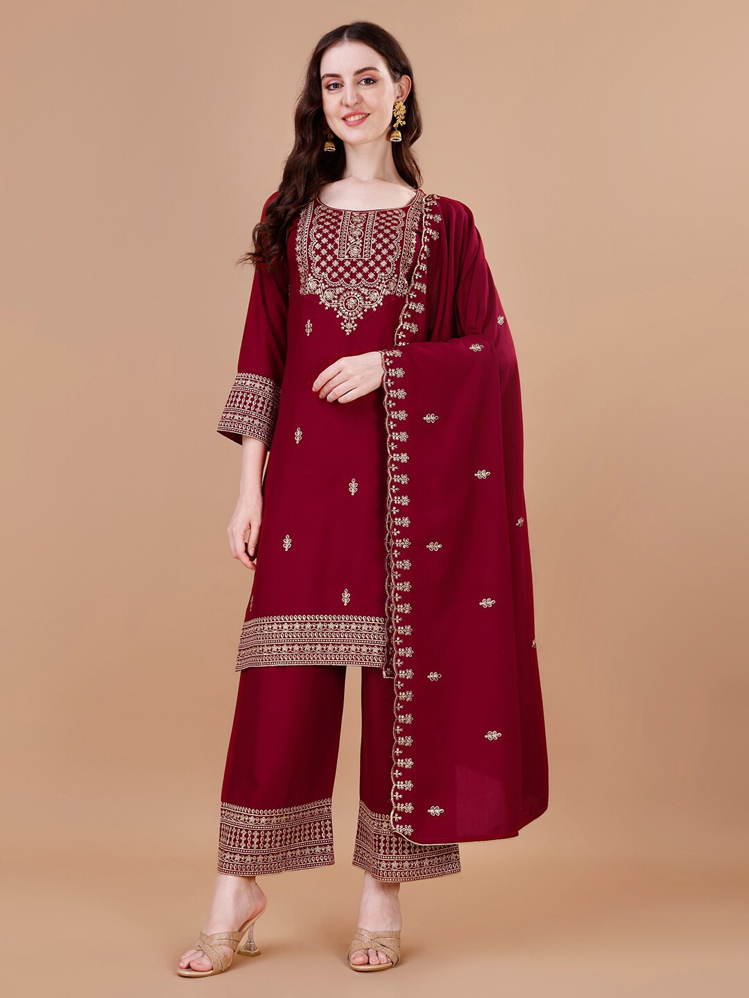 

KALINI Ethnic Motifs Embroidered Regular Kurta with Trousers & Dupatta, Maroon