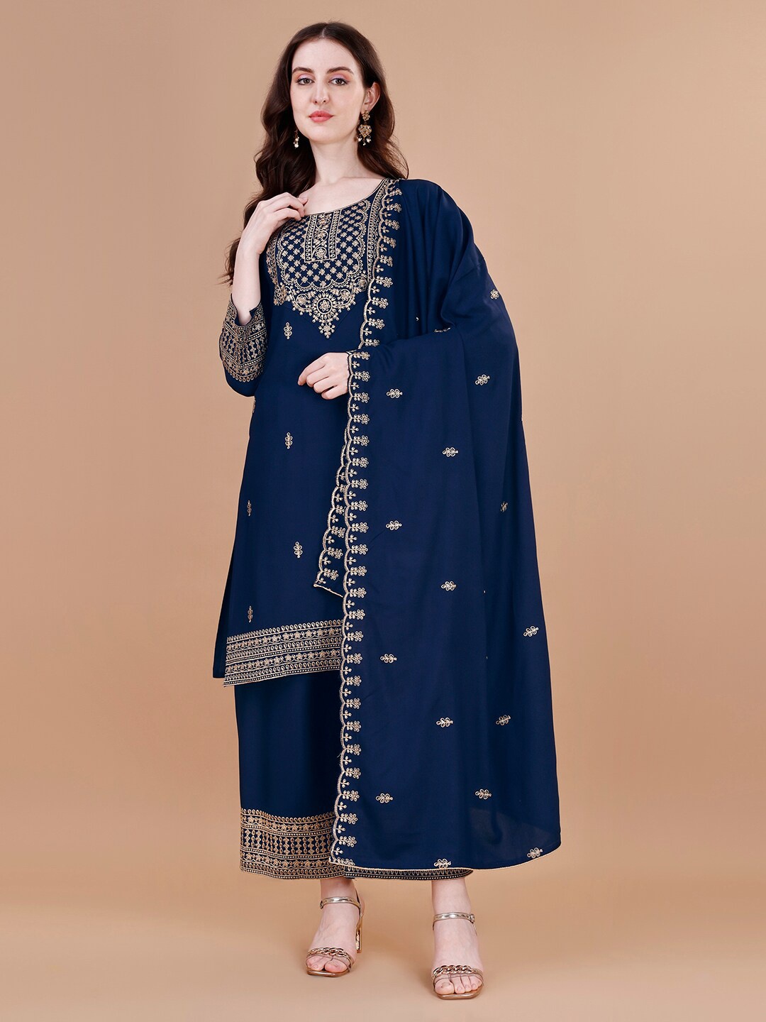 

KALINI Ethnic Motifs Embroidered Regular Kurta with Trousers & Dupatta, Blue