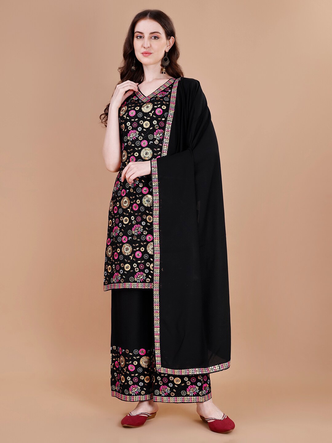 

KALINI Sequinned Embroidered Sleeveless Kurta with Palazzos & Dupatta, Black