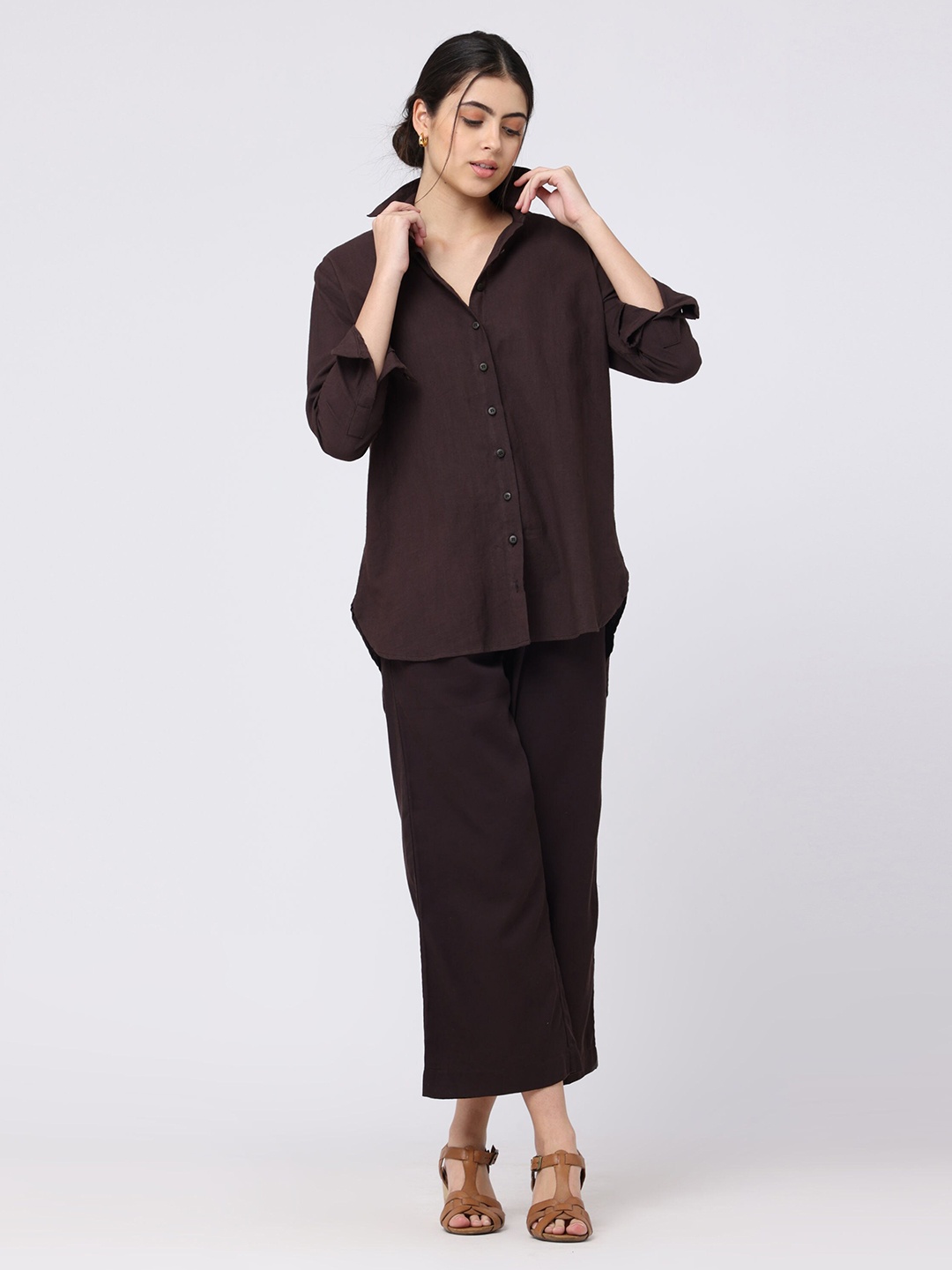 

Saltpetre Organic Cotton Shirt With Trousers, Coffee brown